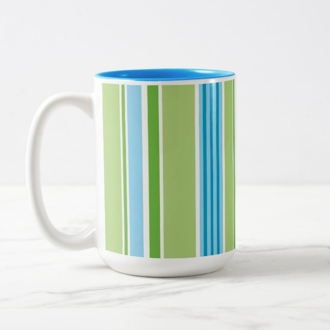 Green Blue White Line Stripe Pattern Two-Tone Coffee Mug (Left)