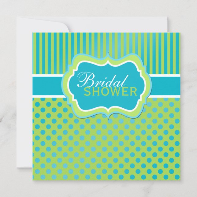 Green Blue White Polka Dot Stripe Shower Invite (Front)