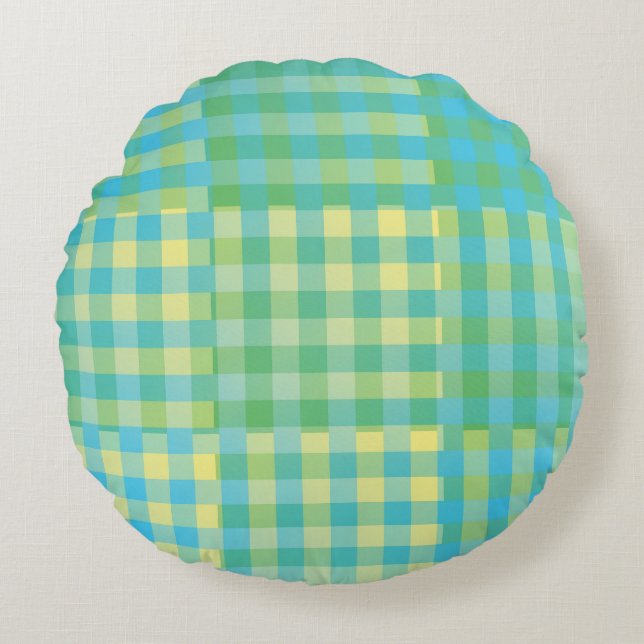 Green Blue Yellow Chequered Patchwork Pattern Round Cushion (Front)