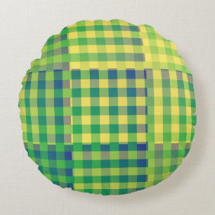 Green Blue Yellow Chequered Patchwork Pattern Round Cushion