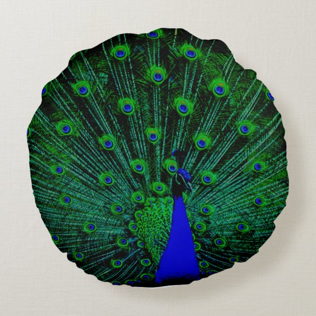 GREEN BLUE YELLOW STUNNING PEACOCK ROUND CUSHION (Back)