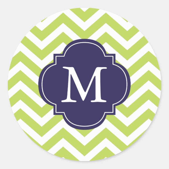 Green & Blue Zigzags Pattern Monogram Classic Round Sticker (Front)