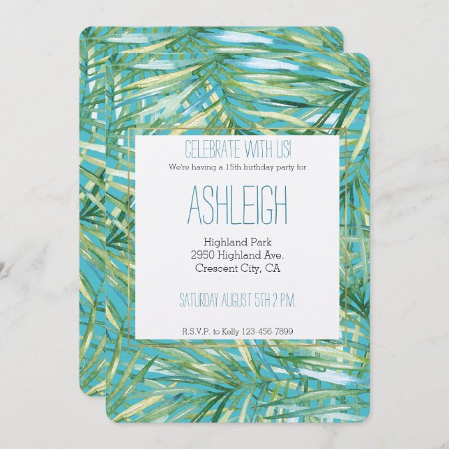 Green BlueTropical Watercolor Leaves Birthday Invitation (Front/Back)