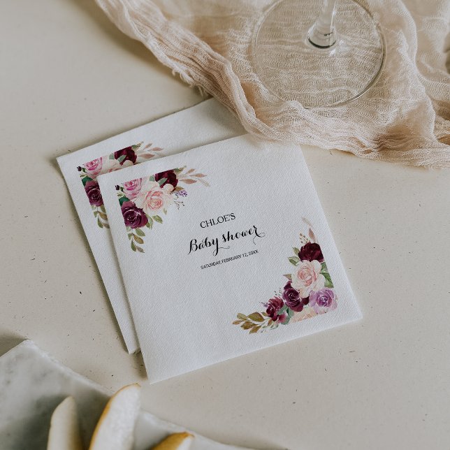 Green Blush Burgundy Floral Baby Shower Napkin (Creator Uploaded)