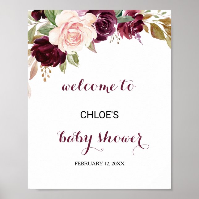 Green Blush Burgundy Floral Baby Shower Welcome Poster (Front)