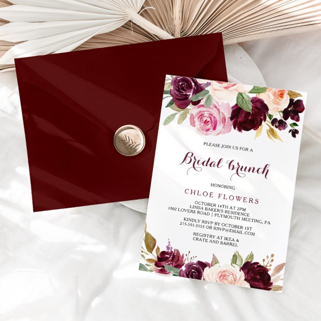 Green Blush Burgundy Floral Bridal Brunch Invitation (Creator Uploaded)