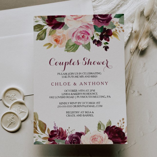 Green Blush Burgundy Floral Couples Shower Invitation (Creator Uploaded)