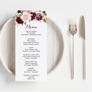 Green Blush Burgundy Floral Dinner Menu Card