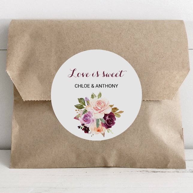 Green Blush Burgundy Floral Love is Sweet Wedding Classic Round Sticker (Creator Uploaded)