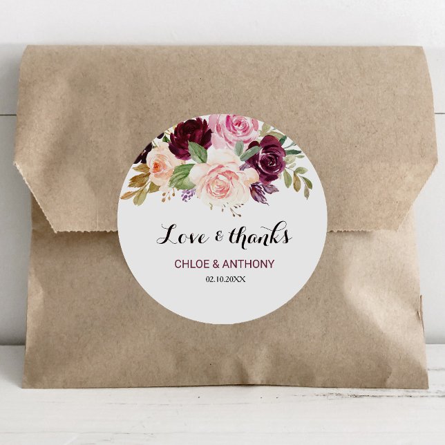 Green Blush Burgundy Floral Love & Thanks Wedding Classic Round Sticker (Creator Uploaded)