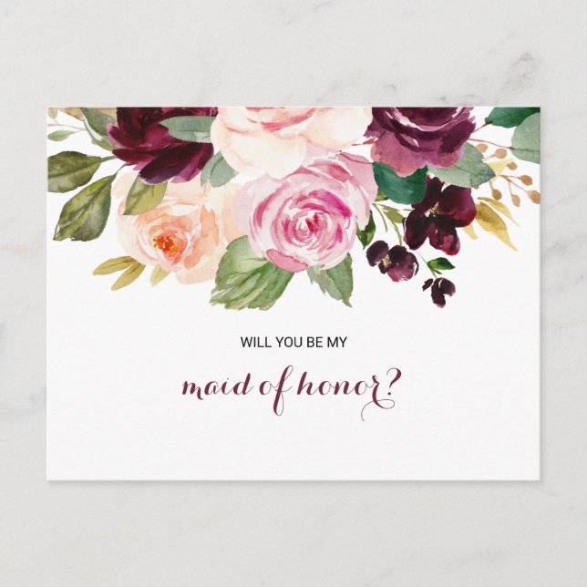 Green Blush Burgundy Floral Maid of Honour Invitation Postcard (Front)