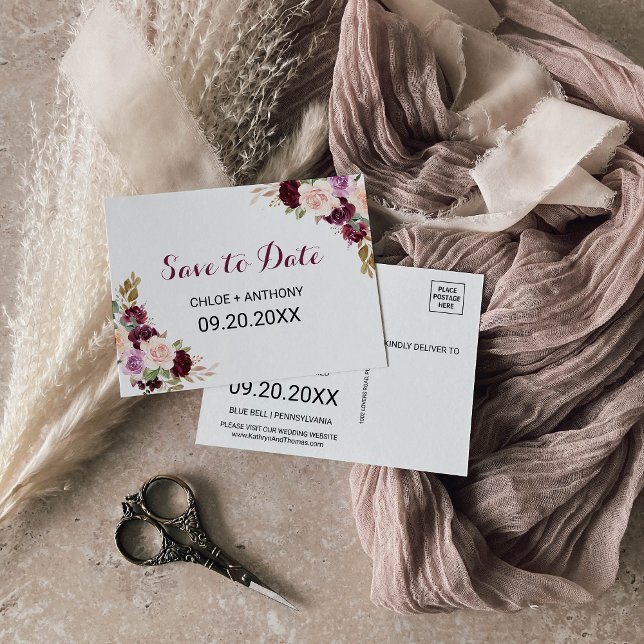 Green Blush Burgundy Floral Save the Date Card (Creator Uploaded)