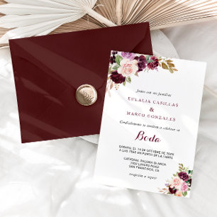 Green Blush Burgundy Floral Spanish Wedding Invitation