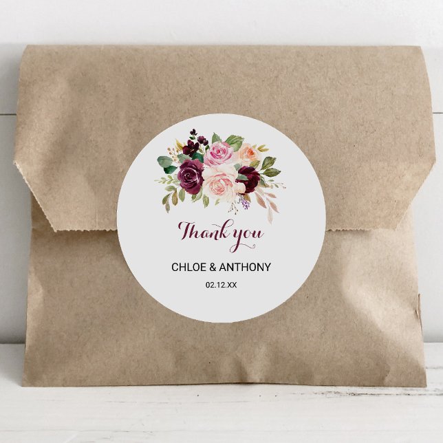 Green Blush Burgundy Floral Thank You Favour Classic Round Sticker (Creator Uploaded)