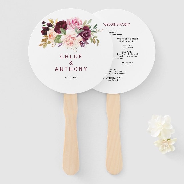 Green Blush Burgundy Floral Wedding Hand Fan (Front and Back)