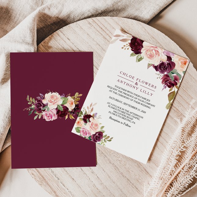 Green Blush Burgundy Floral Wedding Invitation (Creator Uploaded)