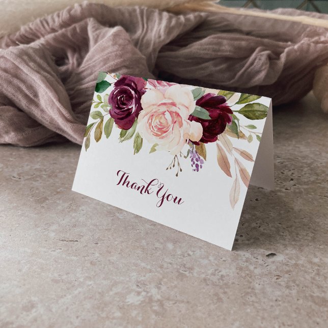 Green Blush Burgundy Floral Wedding Thank You Card (Creator Uploaded)