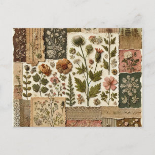 Green Blush Pink Patchwork Floral Quilted Design Postcard