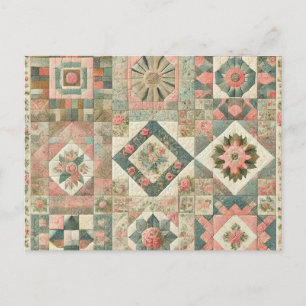 Green Blush Pink Patchwork Floral Quilted Design Postcard