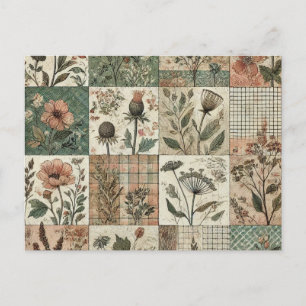 Green Blush Pink Patchwork Floral Quilted Design Postcard