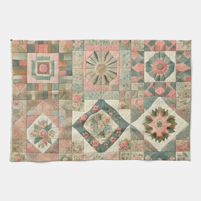 Green Blush Pink Patchwork Quilt Rustic Floral  Tea Towel (Horizontal)