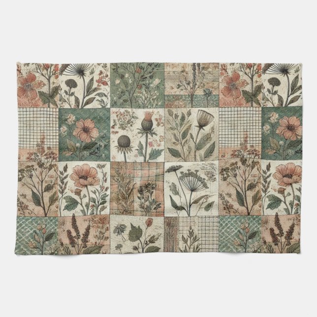 Green Blush Pink Patchwork Quilt Rustic Floral  Tea Towel (Horizontal)