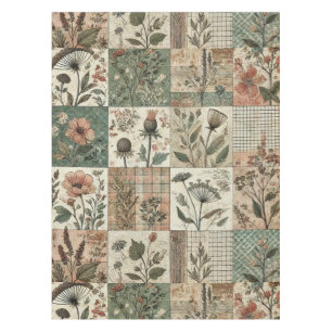 Green & Blush Pink Patchwork Quilt Vintage Floral Tablecloth