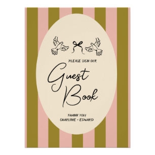 Green Blush Pink Striped Wedding Guestbook Sign