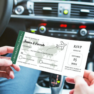 Green boarding pass wedding RSVP enclosure card