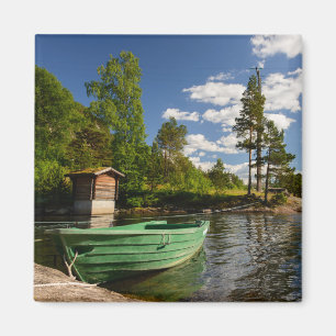 Green boat in a fjord in Norway Magnet