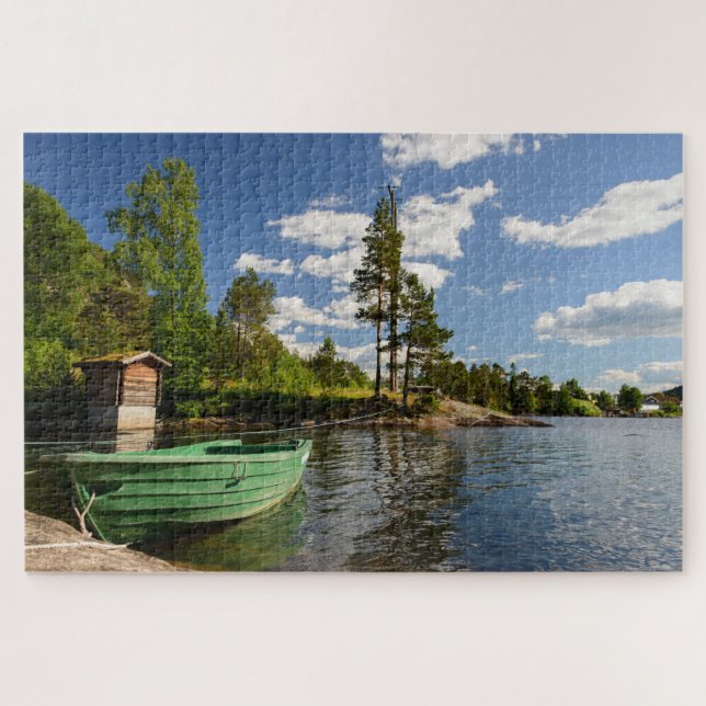 Green boat in a fjord landscape in Norway Jigsaw Puzzle (Horizontal)