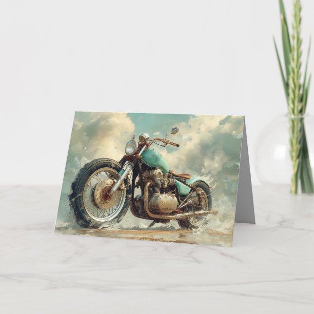 Green Bobber Motorcycle Card - Beach Background (Front)