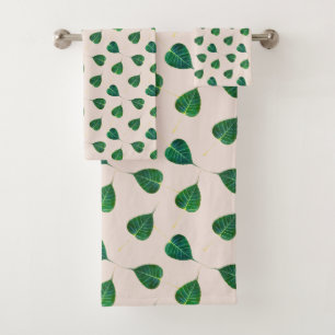 Green Bodhi Leaves on Light Beige Bath Towel Set