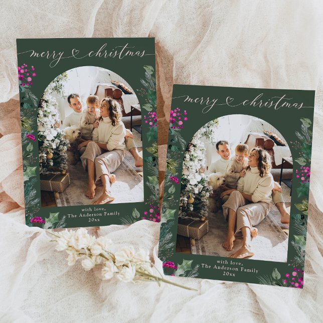 Green Bohemian 1 Photo Elegant Christmas Card (Creator Uploaded)