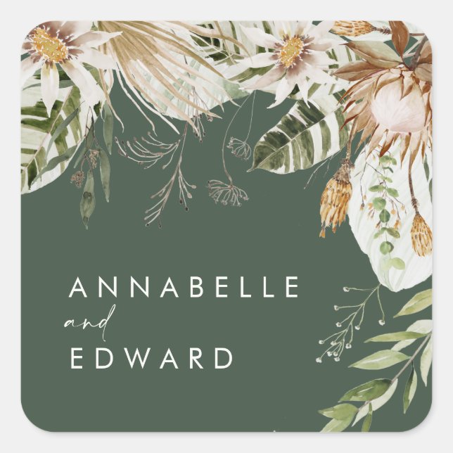 Green bohemian botanical modern elegant foliage square sticker (Front)