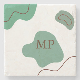 Green boho abstract shapes add monogram letter tex stone coaster