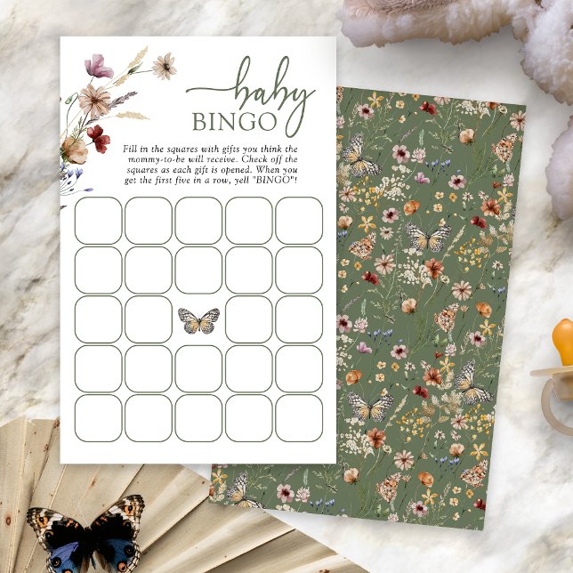 Green Boho Baby Bingo Game (Sage Green Boho Floral Baby Bingo Game Card with Butterfly by Painted Paperie
)