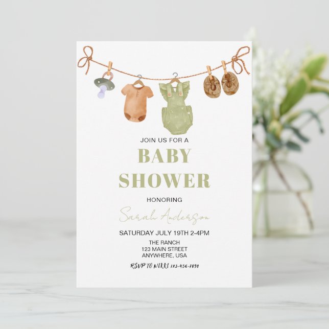 Green Boho Baby Clothes girl Baby shower Invitation (Standing Front)