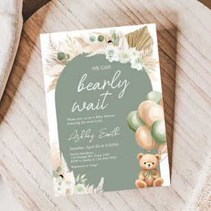 Green Boho Bear Balloon Baby Shower  Invitation