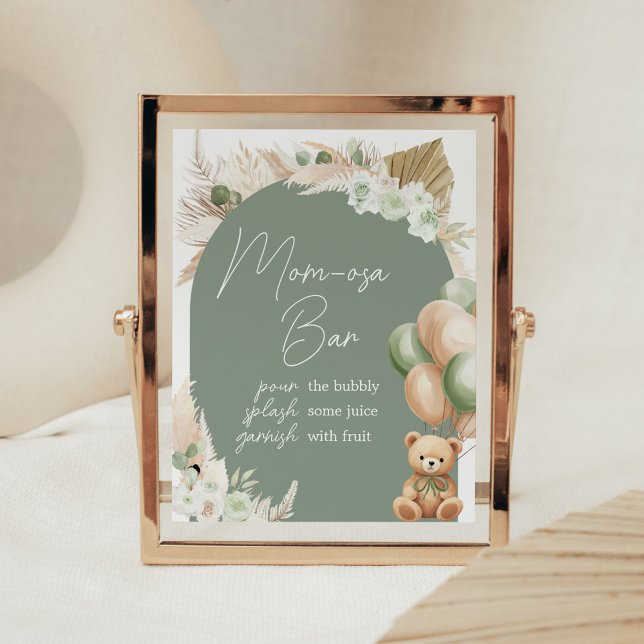 Green Boho Bear Balloon Baby Shower Mum Osa Bar Poster (Sage Green Balloons Baby Shower Mom Osa Bar Sign)