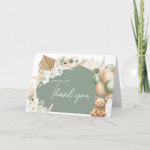 Green Boho Bear Balloon Baby Shower  Thank You Card