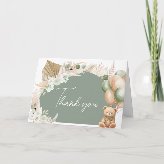 Green Boho Bear Balloon Baby Shower  Thank You Card (Front)