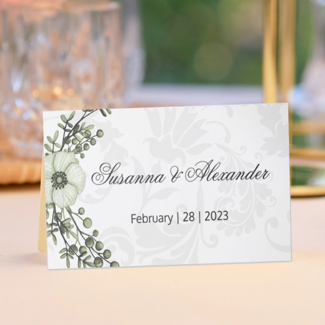 Green Boho Berry Wreath Grey Damask Wedding Place Card (Creator Uploaded)