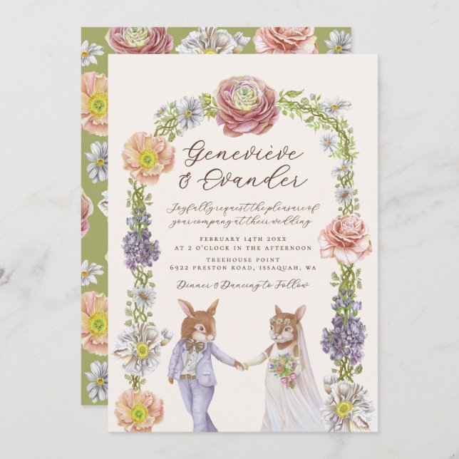 Green Boho Bunny Rabbit Love Watercolor Wedding  Invitation (Front/Back)