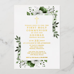 Green Boho Floral First Holy Communion Gold