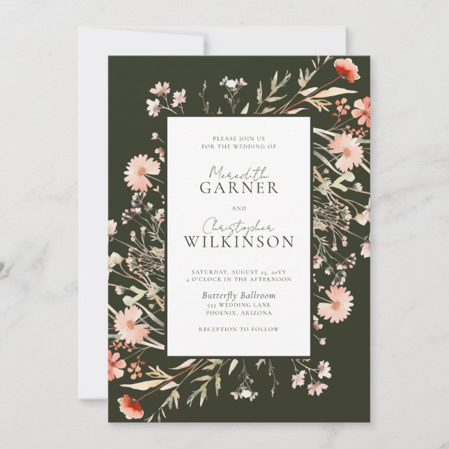 Green Boho Floral Photo Wedding Invitation (Front)