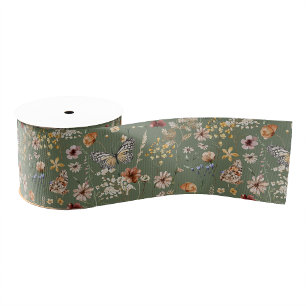 Green Boho Floral Ribbon Grosgrain Ribbon