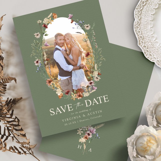 Green Boho Floral Save The Date (Watercolor Sage Green Boho Floral Save The Date Monogram by Painted Paperie
)