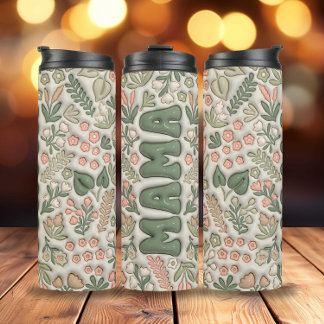 Green Boho Flowers 3d Inflated Mama Thermal Tumbler