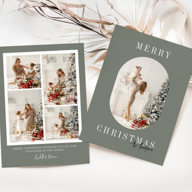 Green Boho Oval Photo Christmas Holiday Card (Creator Uploaded)